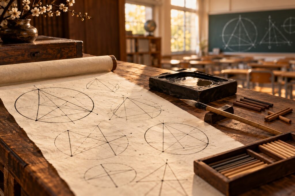 和算の図形が描かれた和紙と算木、奥に令和の教室（イメージ）