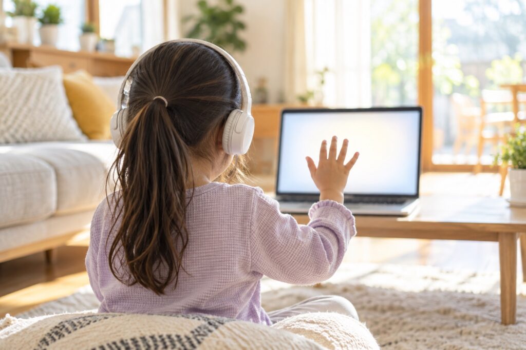 ノートパソコンに向かって手を振る、ヘッドホンをつけた女の子の後ろ姿