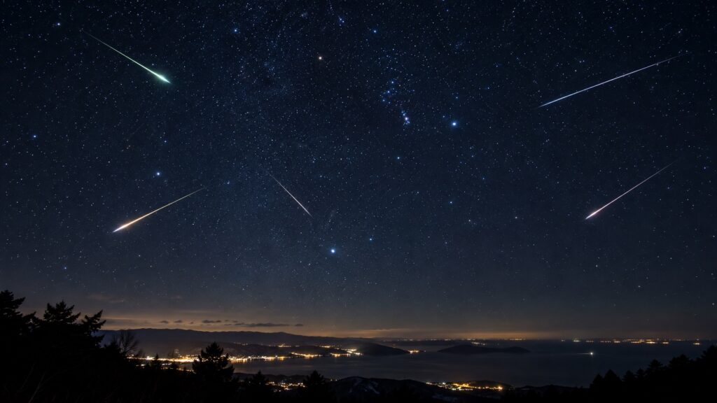 冬の夜空にたくさんの流れ星、手前に海辺の町明かり（イメージ画像）