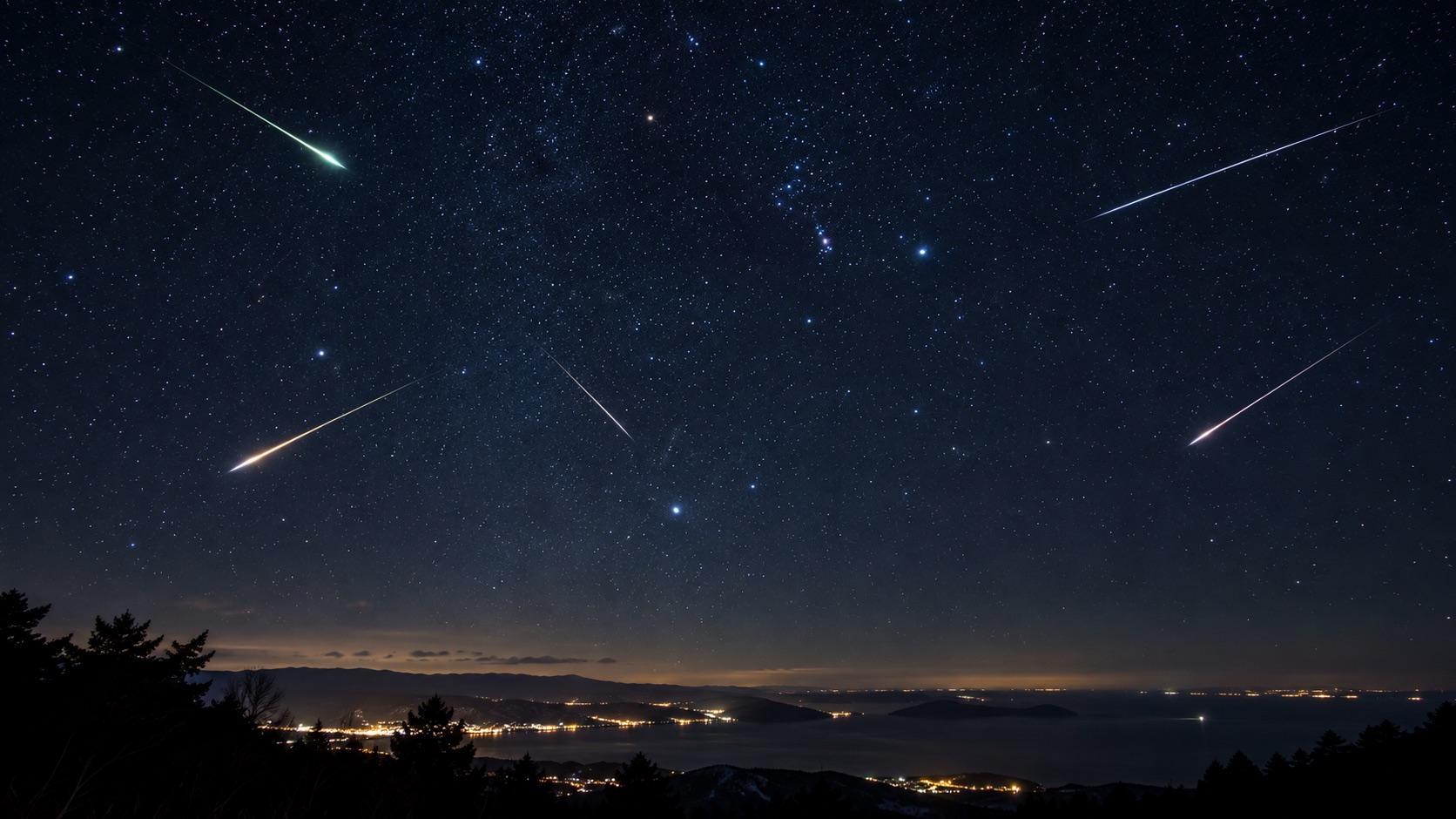 冬の夜空にたくさんの流れ星、手前に海辺の町明かり(イメージ画像)