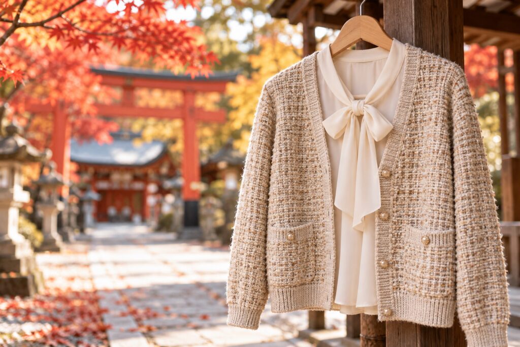 秋の神社の参道と、ハンガーにかかったツイード風カーディガンとリボンタイのブラウス