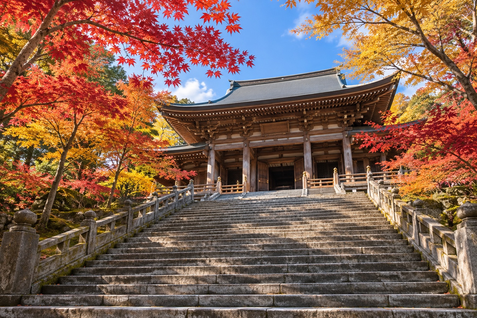 紅葉に囲まれたお寺の本堂へ続く石段(イメージ)
