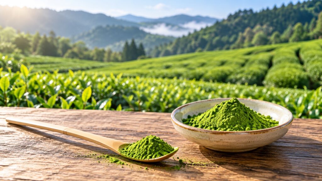 茶畑と抹茶の粉が入った茶さじ（イメージ）