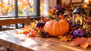 ハロウィン飾りのあるカフェのテーブル（イメージ）