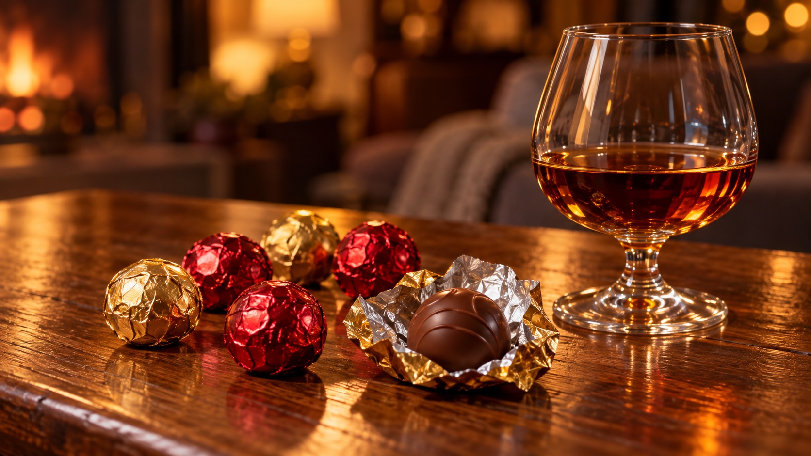 冬の夜のテーブルに置かれた包み紙のチョコレートとブランデーグラス(イメージ)