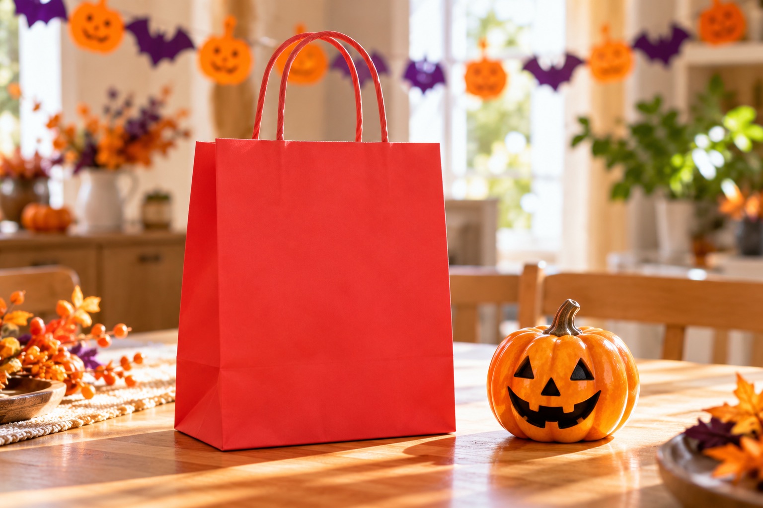 ハロウィンの飾りのテーブルに置かれた赤い紙袋とかぼちゃの置物(イメージ)