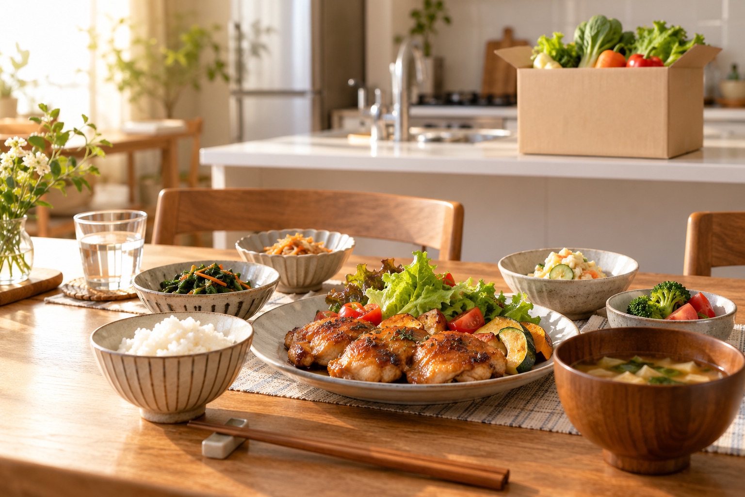木のテーブルに並んだ夕食と、キッチンに置かれた食材の箱(イメージ)