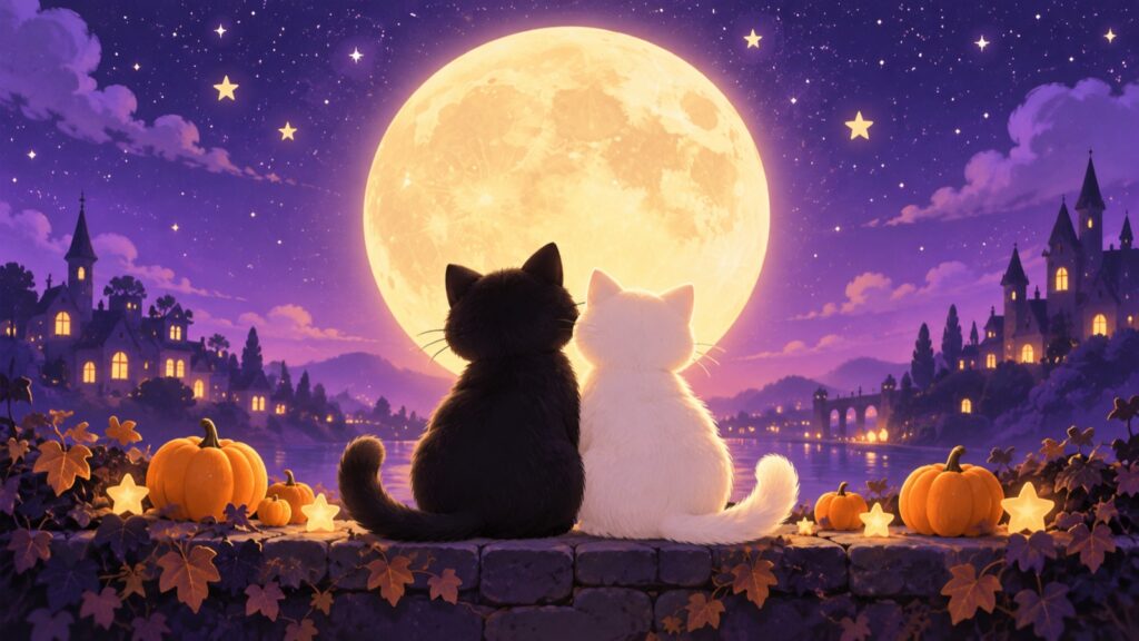 満月の前に並ぶ黒猫と白猫のイラスト(イメージ)
