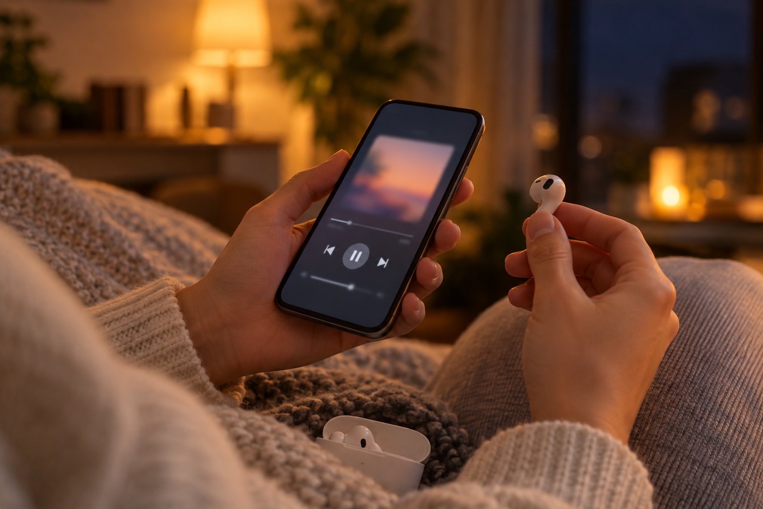 夜、スマホとイヤホンで音楽を聴く手元