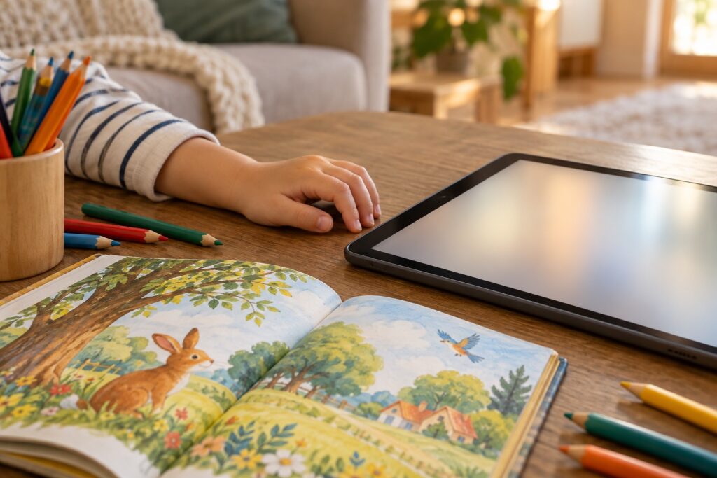 タブレットと英語の絵本が置かれたテーブルと子どもの手元