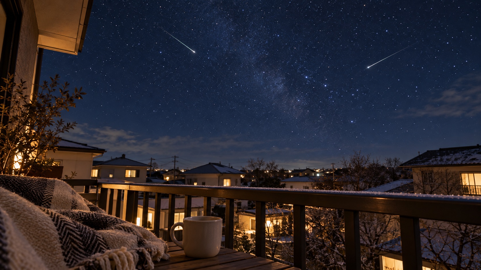 住宅街のベランダから見上げる冬の星空と流れ星(イメージ画像)