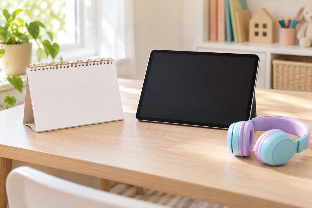卓上カレンダーとタブレットと子ども用ヘッドホンが並んだ机