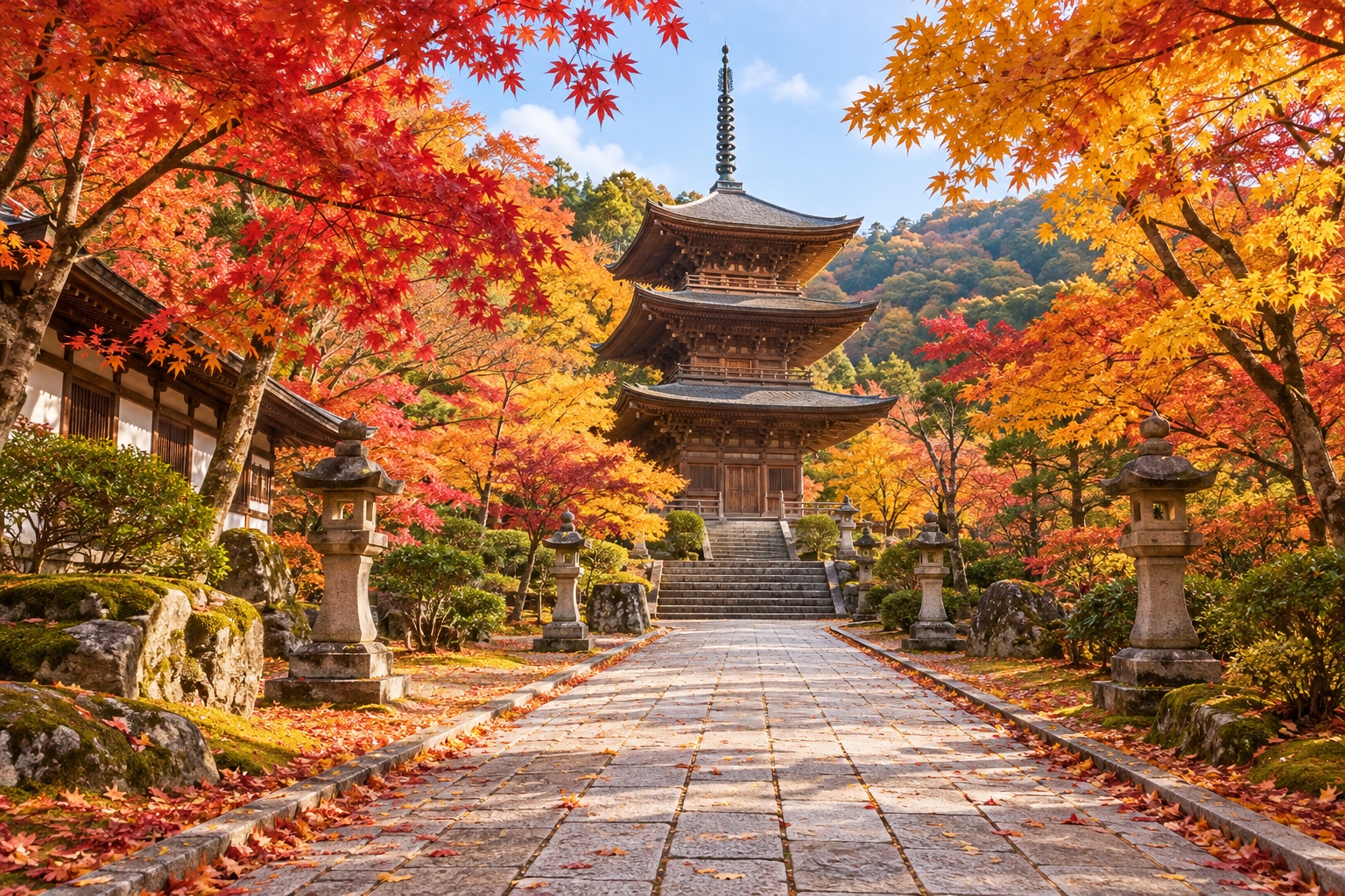 紅葉の参道と三重塔(イメージ)