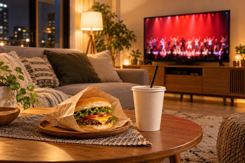 夜のリビングのテレビに赤いステージが映っているイメージ画像