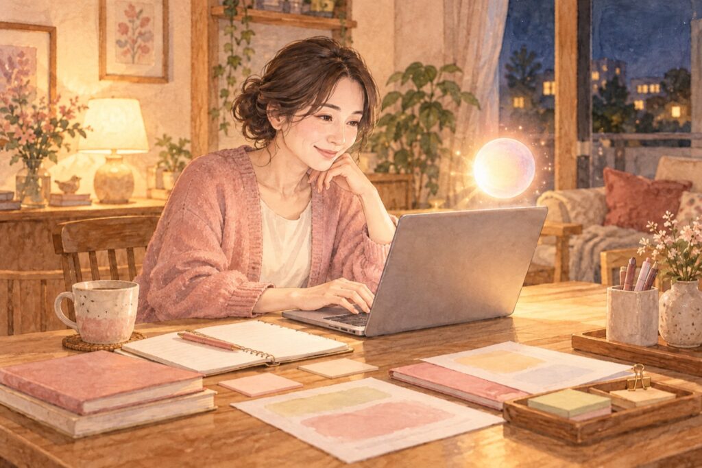 夜のリビングでノートパソコンに向かって在宅ワークをする女性のイラスト