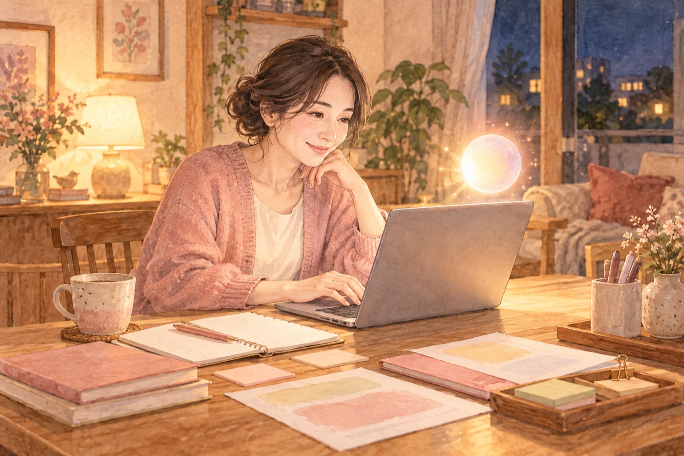 夜のリビングでノートパソコンに向かって在宅ワークをする女性のイラスト