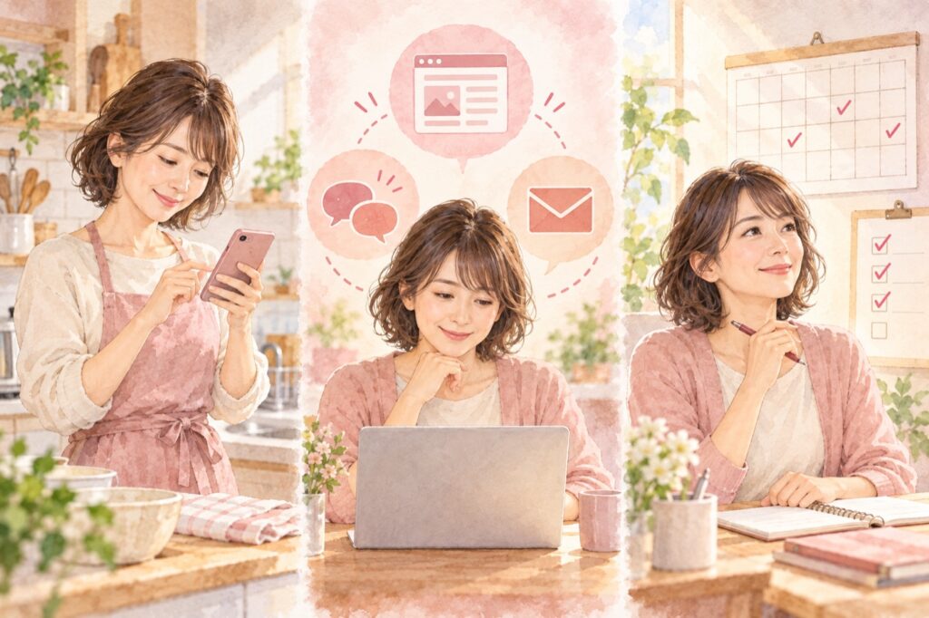 家事の合間やすきま時間に在宅ワーク・副業を進める女性の3つの場面のイラスト