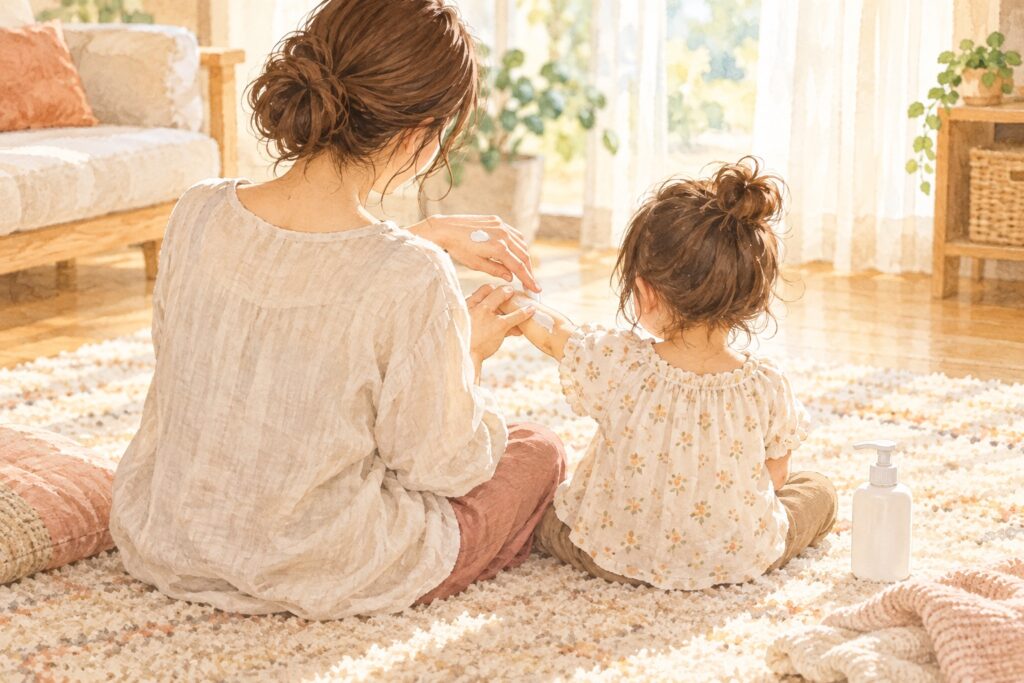 ママが子どもの腕にローションを塗っている後ろ姿のイメージイラスト