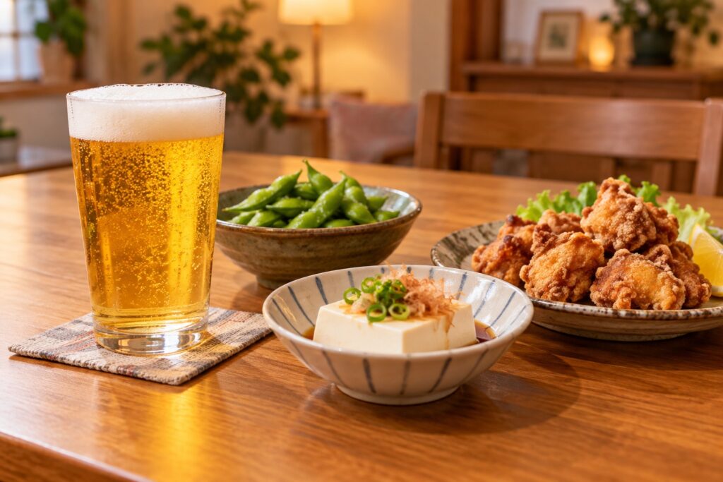 グラスに注いだノンアルコールビールテイスト飲料とおつまみ（イメージ）
