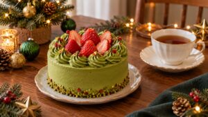 クリスマスのテーブルに置かれた抹茶とイチゴのケーキと紅茶