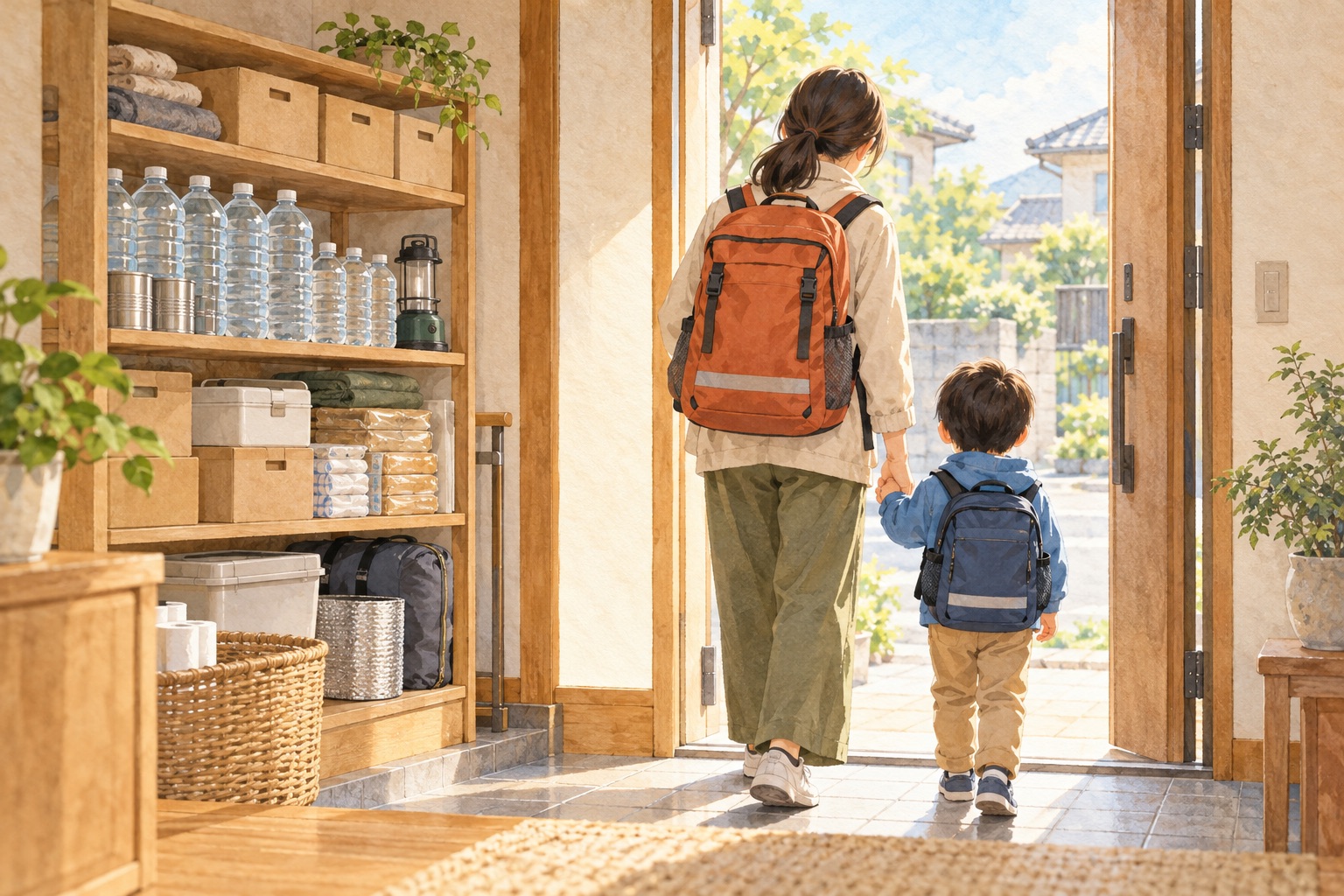 防災リュックを背負って家を出る親子と、棚に積まれた備蓄品のイメージ