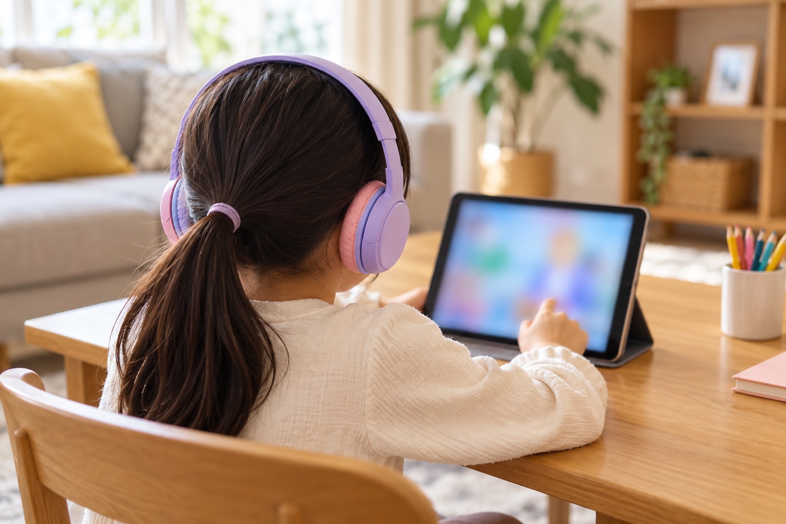 タブレットで英語のレッスンを受ける子どもの後ろ姿(イメージ)