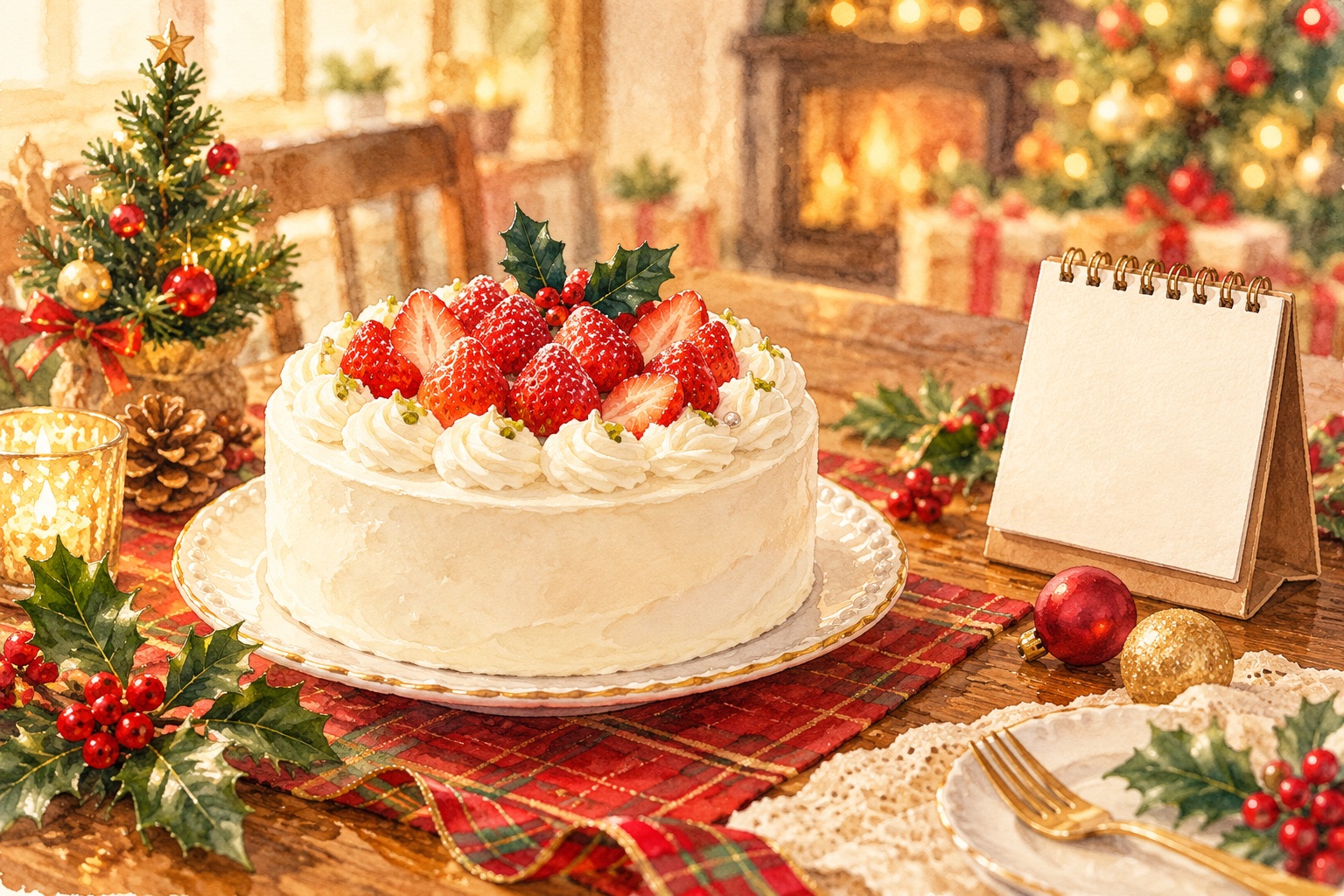 クリスマスの飾りのテーブルにいちごのホールケーキがあるイメージイラスト