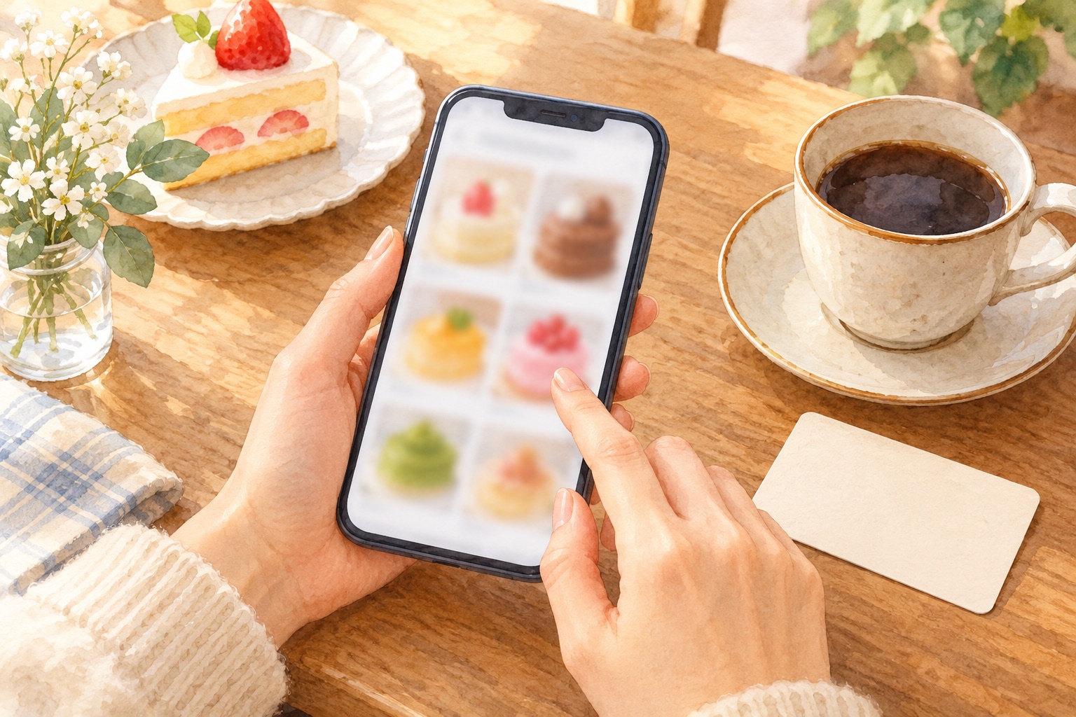 スマホでケーキを選んで予約している手元のイメージイラスト