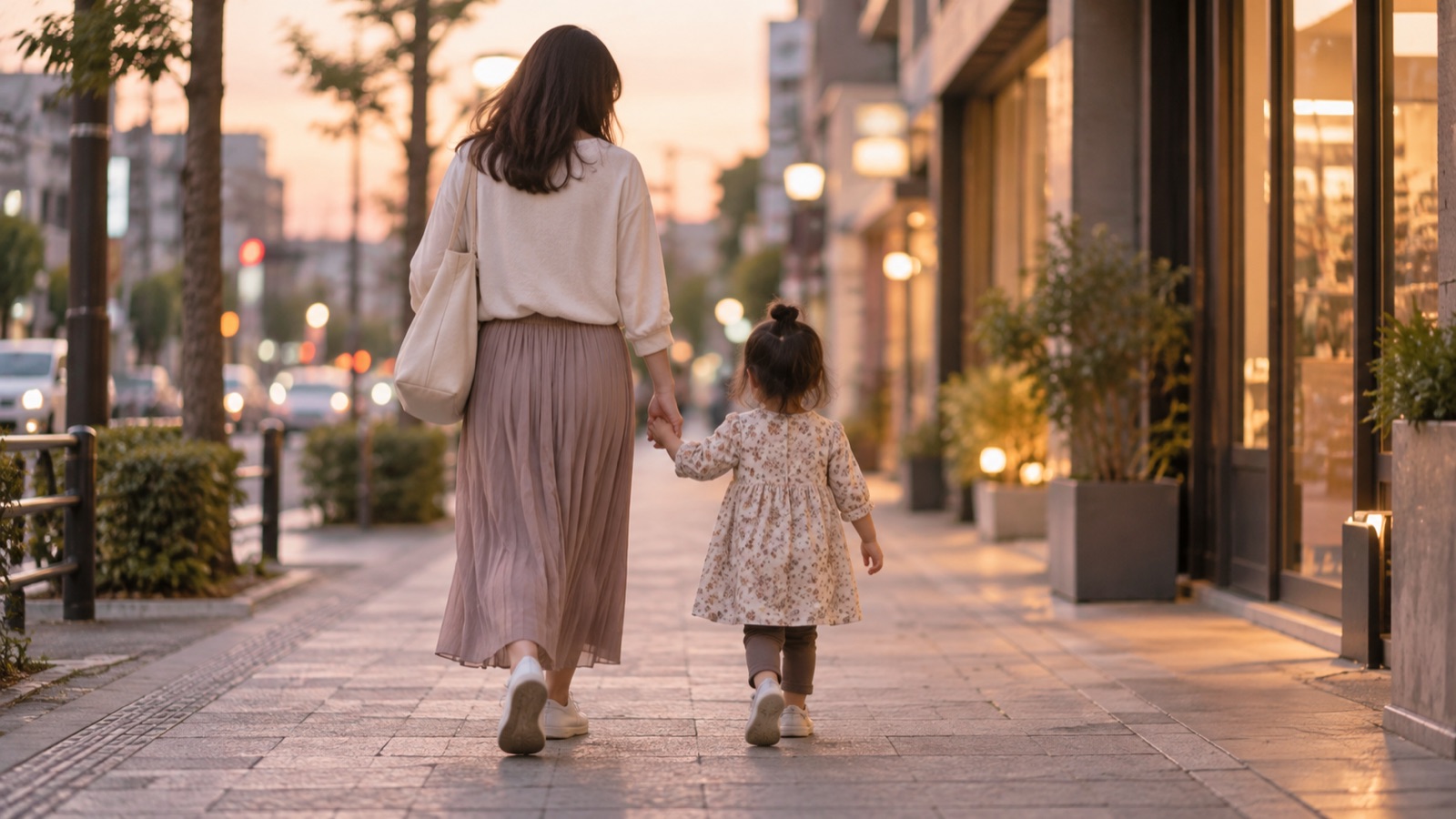 お店の前を手をつないで歩く親子の後ろ姿（イメージ）
