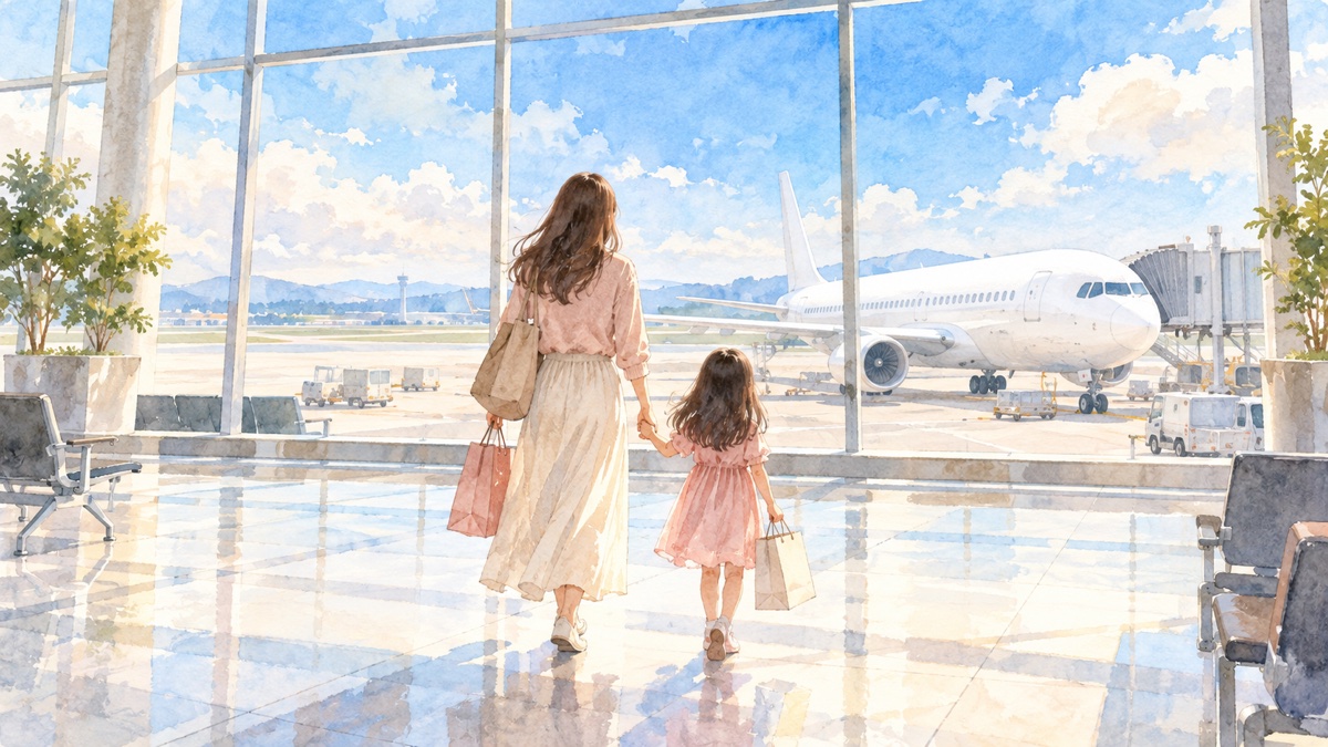 空港の出発ロビーでショッピングバッグを持つ親子の後ろ姿のイメージイラスト
