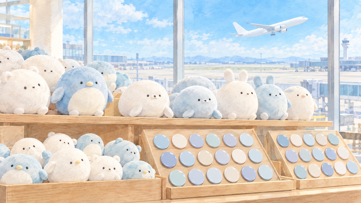空港のギフトショップに並ぶぬいぐるみと缶バッジのイメージイラスト