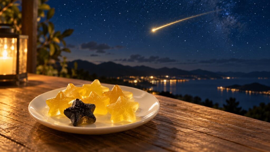 夜空の流れ星と、お皿にのった星形のグミ（イメージ）