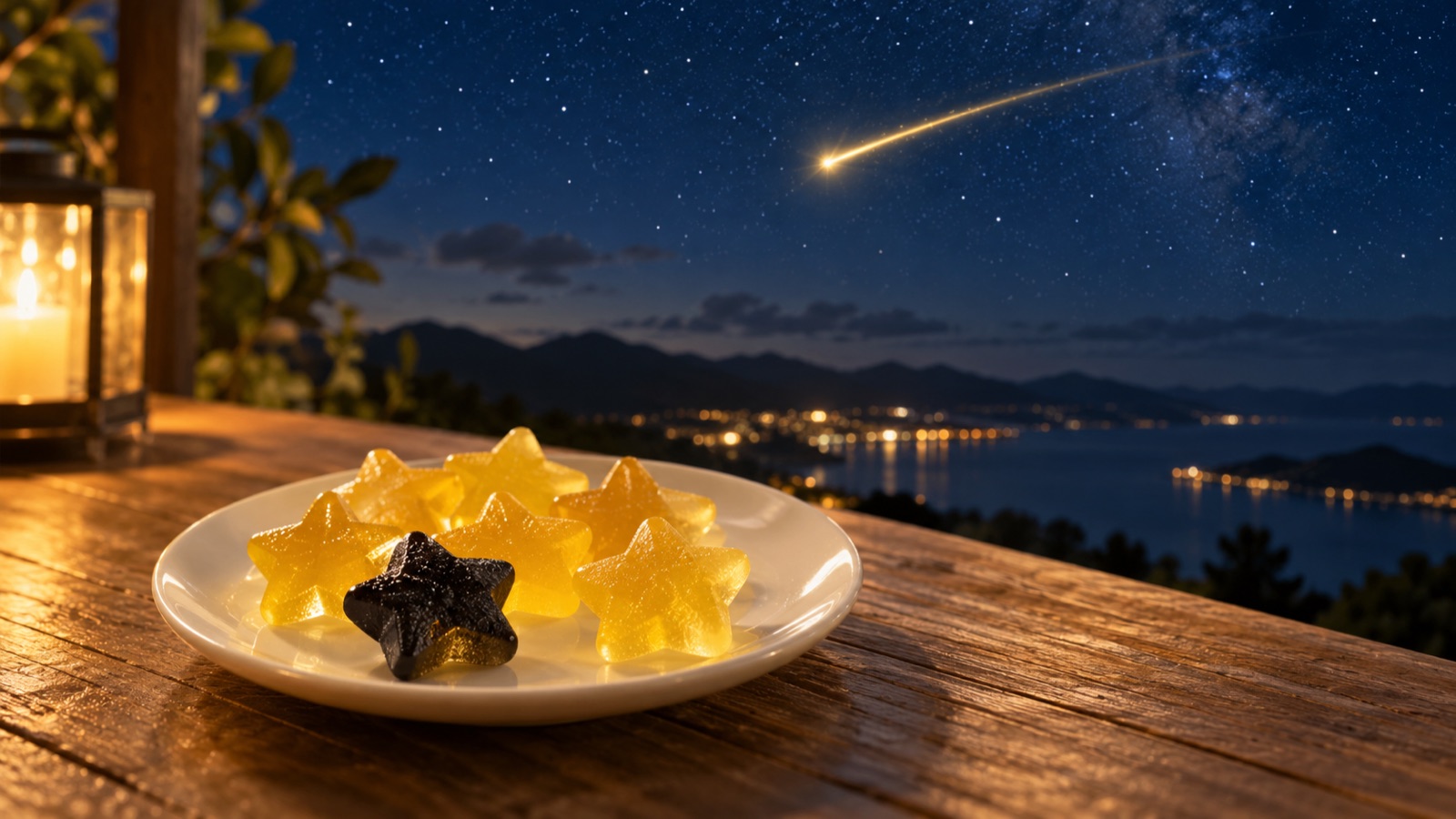 夜空の流れ星と、お皿にのった星形のグミ(イメージ)