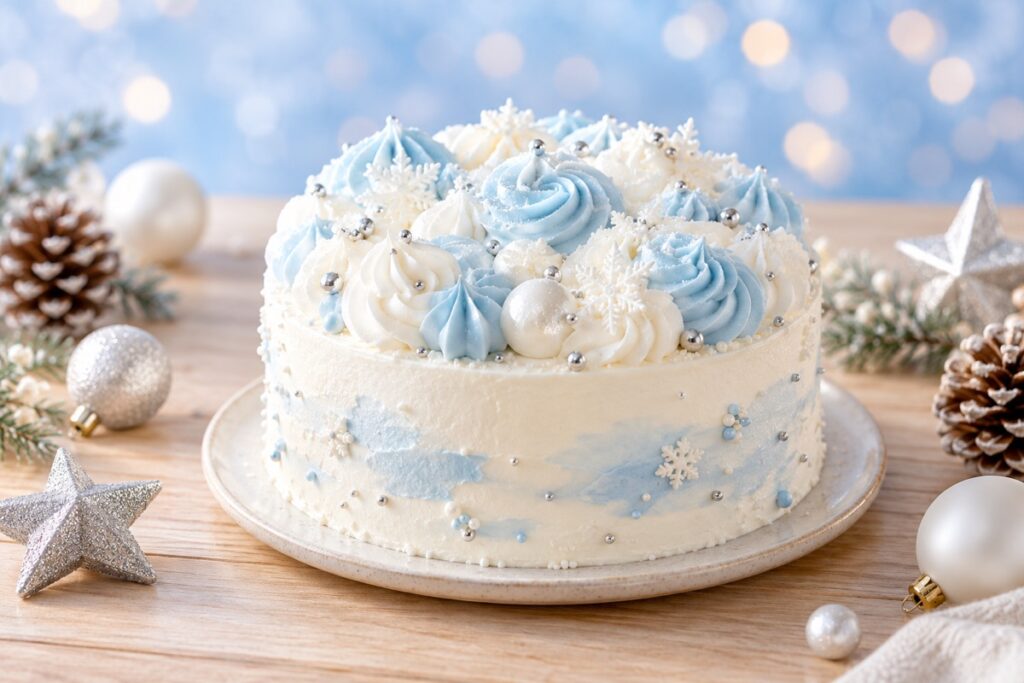 水色と白の雲のようなクリームのクリスマスケーキ（イメージ）