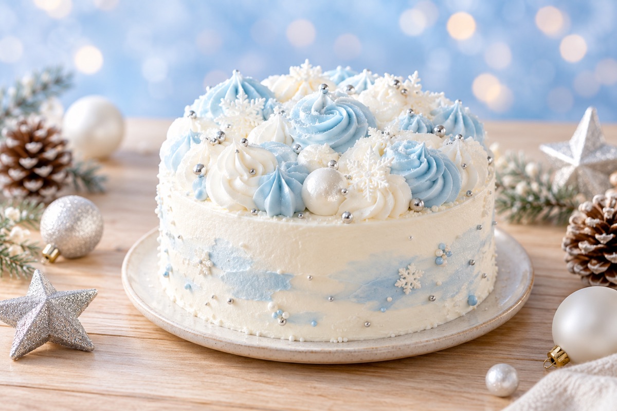 水色と白の雲のようなクリームのクリスマスケーキ(イメージ)