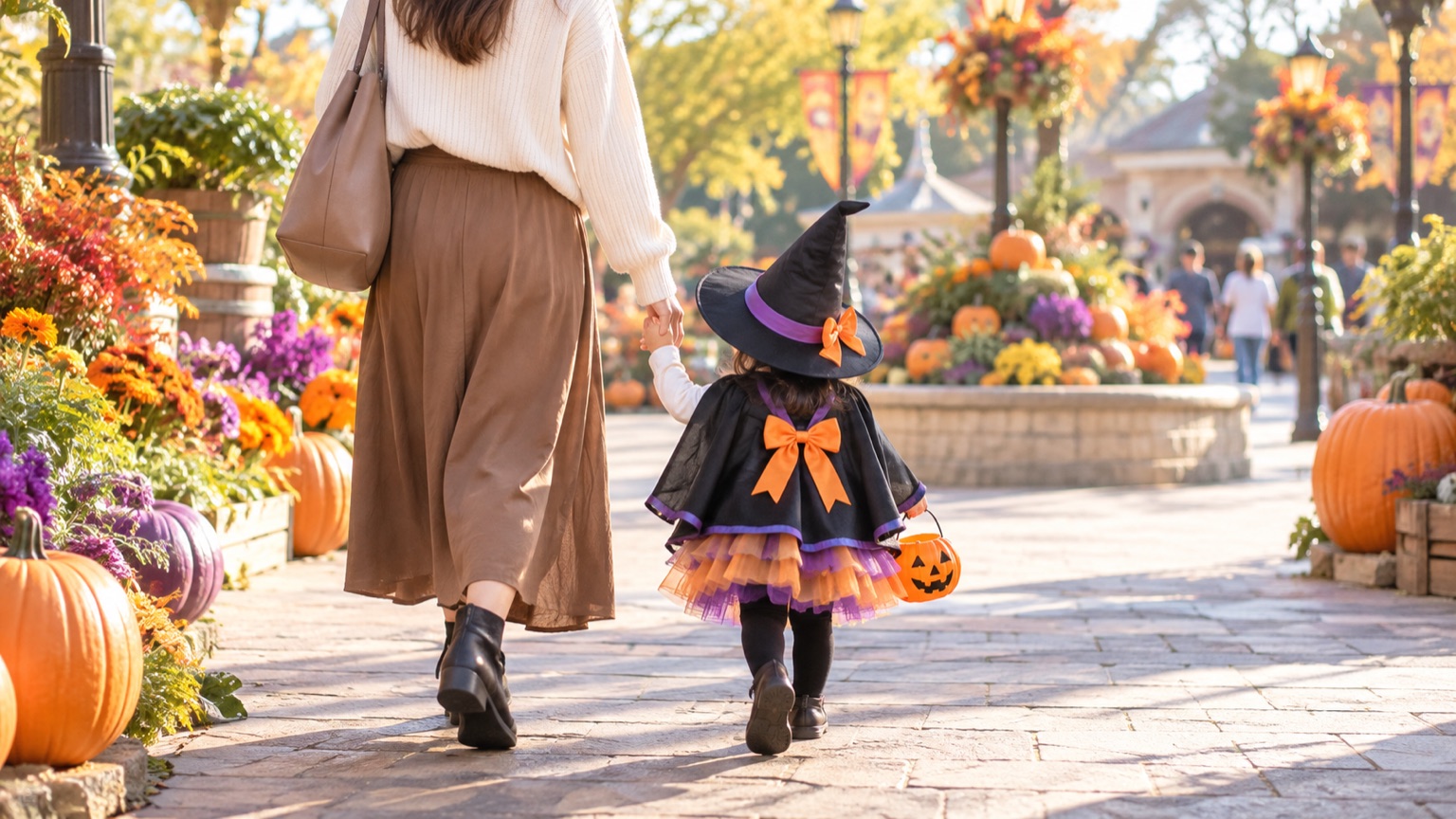 魔女の仮装をした子どもが親と手をつないで歩く後ろ姿(イメージ)