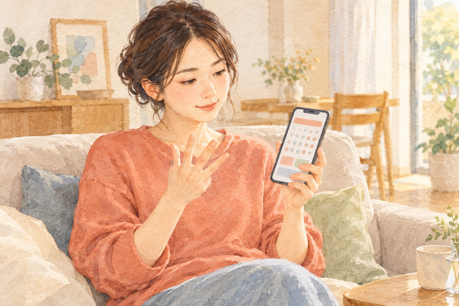 ソファでスマホのカレンダーを見ながら日数を数えるママの水彩イラスト