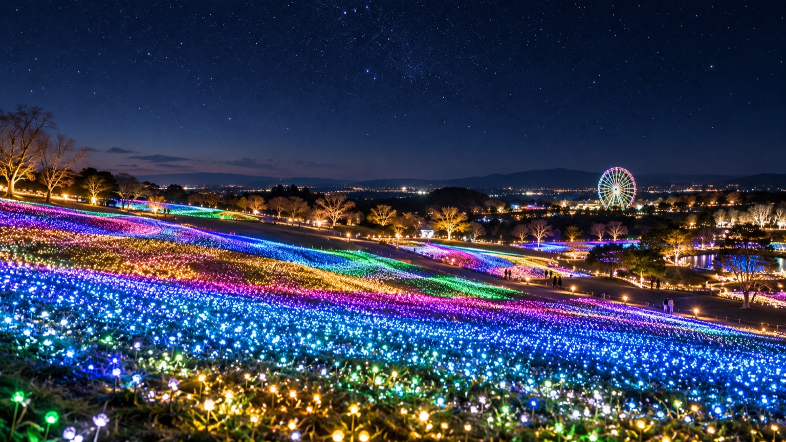 夜のテーマパークの芝生に広がる色とりどりのイルミネーション(イメージ)