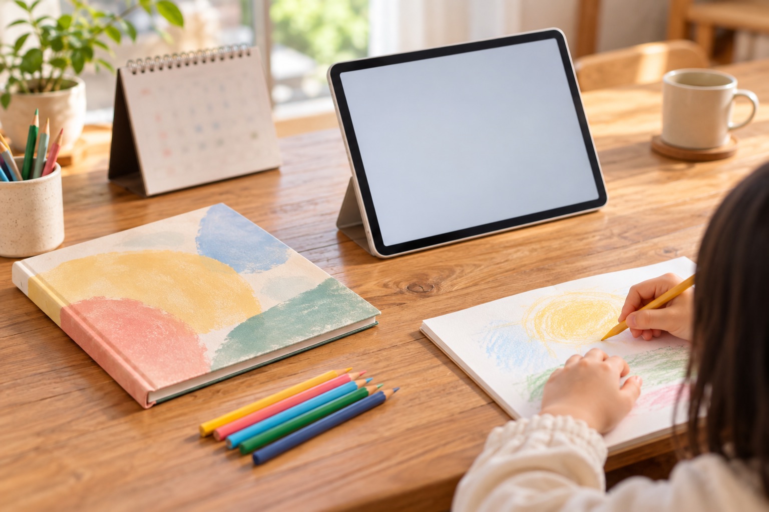 カレンダーとタブレットと絵本が並んだ机