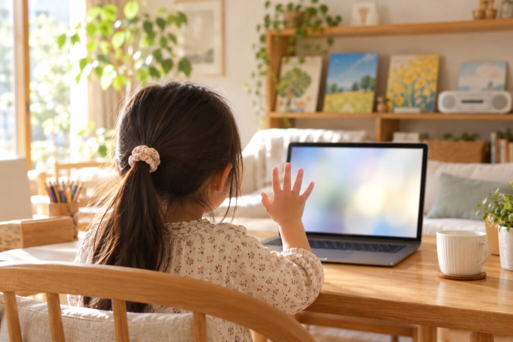 パソコンの画面に手を振る女の子の後ろ姿