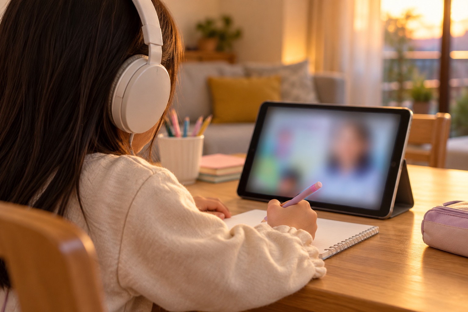 タブレットで英語のレッスンを受ける子どもの手元