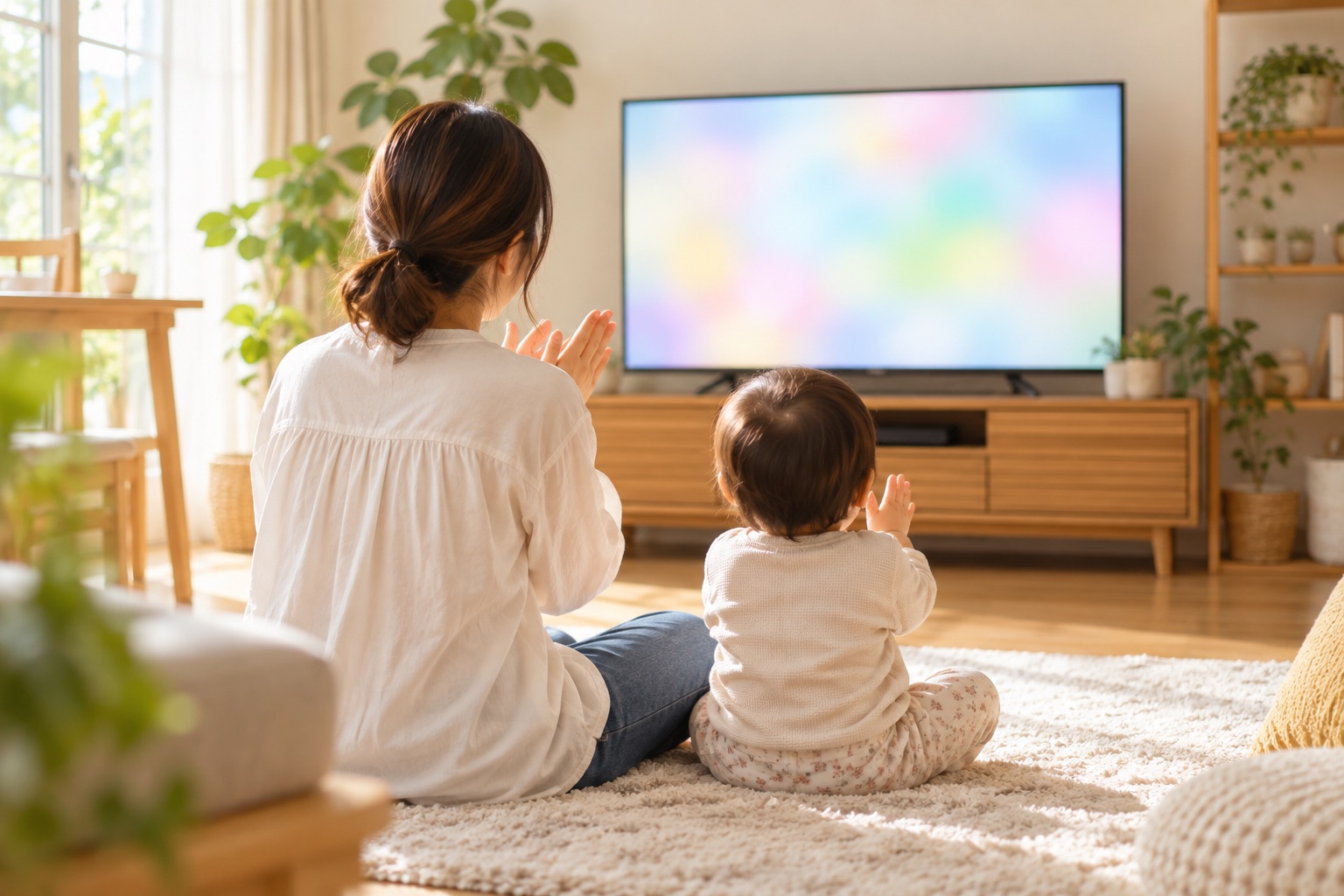 リビングでママと子どもがテレビを見ながら手をたたいている後ろ姿