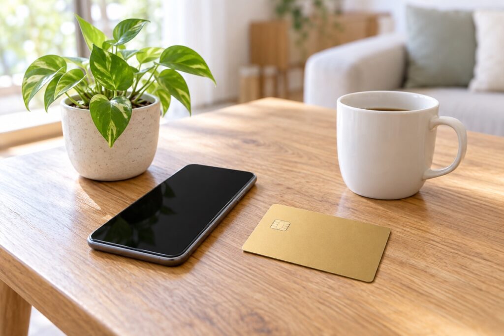 テーブルの上のゴールドのカードとスマホ（イメージ）