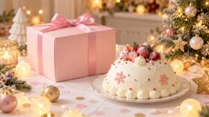 クリスマスの飾りつけをしたテーブルに、ピンクのケーキの箱と白いドーム型のケーキ