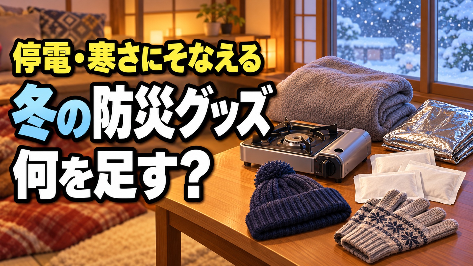 冬の防災グッズ 何を足す? 毛布・アルミシート・カイロ・カセットコンロのイメージ