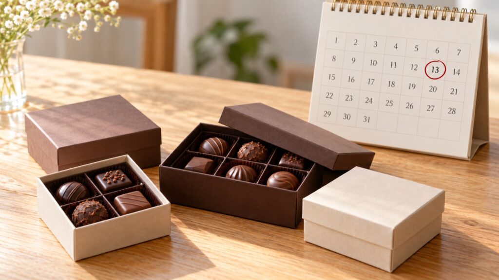 チョコレートの箱と、13日に丸をつけたカレンダー(イメージ)
