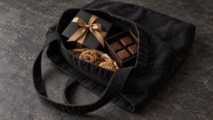 黒いデニム風のトートバッグに入ったチョコレートとクッキー（イメージ）
