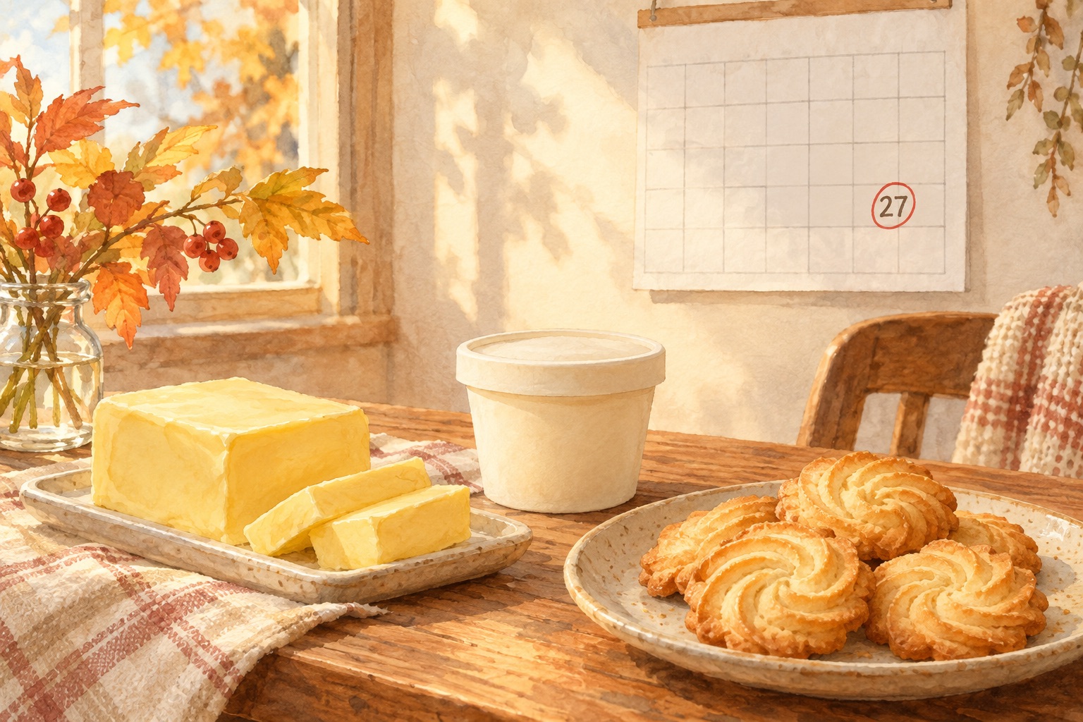 木のテーブルにバターとアイスカップ、バタークッキー、27日に丸がついたカレンダーのイメージイラスト