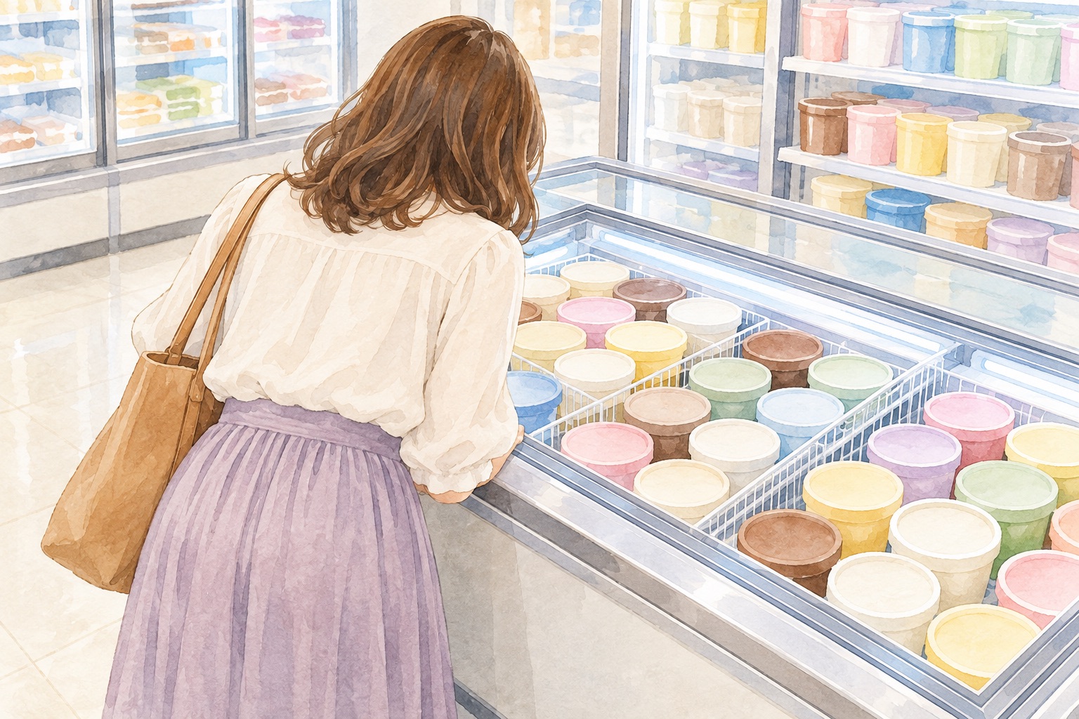 コンビニのアイス売り場をのぞきこむ女性の後ろ姿のイメージ
