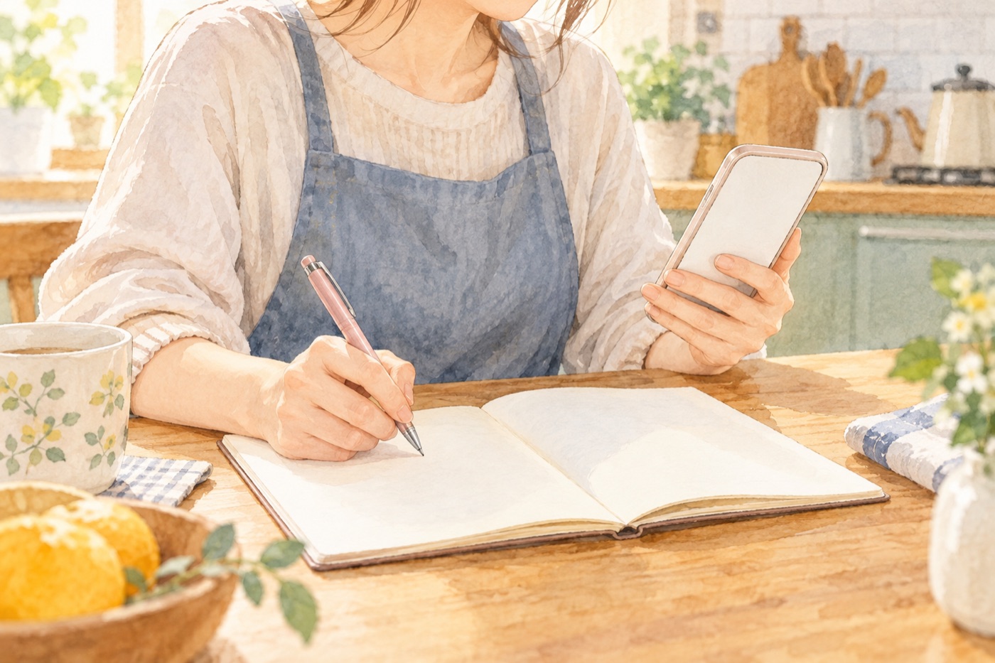 スマホを見ながらノートにメモをとるママの手元のイラスト